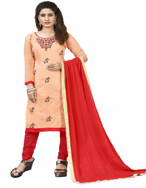 peach & red chanderi cotton fabric embroidery work casual 