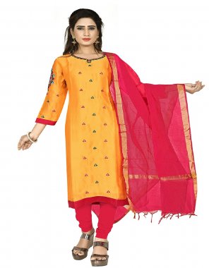 musterd yellow & red satin georgette fabric embroidery work casual 