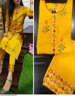 yellow rayon cotton fabric zari embroidery and hand pant work work casual 
