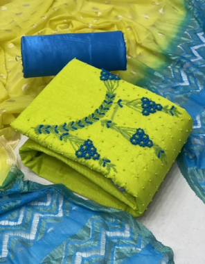 green top - modal chanderi silk ( 1.9 m) | inner - santoon ( 1.6 m) | bottom - santoon ( 2.0 m) | dupatta - fancy shaded print ( 2.10 m) fabric embroidery work party wear 