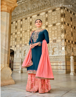 rama blue top - pure heavy viscos upada with heavy exclusive embroidery & hand leather & diamond work | bottom ( sharara stitch ) - heavy chinon & excluisve embroidery & diamond work | dupatta - heavy chinon with four side embroidery lace fabric embroidery  work casual 