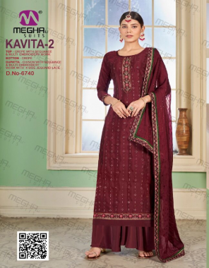 maroon top - crepe with sequance & multi embroidery work | bottom - crepe | dupatta - chinon with sequance & multi embroidery work with 4 side jacquard lace  fabric embroidery work party wear 