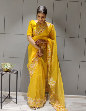 yellow saree - organza silk with fancy thread multi  with sequance work | blouse - heavy banarasi silk ( unstitched ) fabric sequance work party wear 