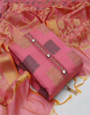 pink top - pure banarasi jacquard with tie bottan jumka ( 2 m) | inner - santoon ( 1.60 m) | bottom - santoon ( 2m) | dupatta - pure banarasi ( 2.25 m) fabric printed work casual 