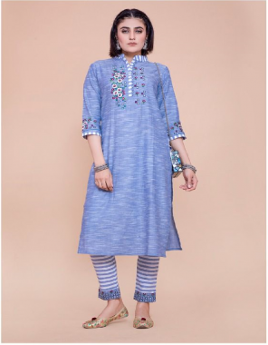 blue kurti - soft south cotton with embroidery work | pant - soft stripe cotton with embroidery work fabric embroidery work casual 