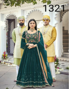 rama green top - heavy faux georgette with embroidery 7 niddle + sequance work | flair sleeves - heavy faux georgette with embroidery 7 niddle  + sequance work | bottom - heavy santoon silk | bottom cut - 2.25 m| top inner - heavy santoon with out joint top | dupatta - heavy butterfly net with embroidery work and sequance work 4 side lace | length - max up to 57 | flair - max up to 2.40 m [ master copy ] fabric embroidery work festive 