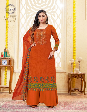 orange top - pure french crep digital style print with fancy thread embroidery & swarovski diamond | bottom - pure cotton dyed | dupatta - pure georgette digital style print with four side lace fabric embroidery work party wear 