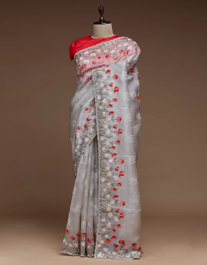 grey saree - soft organza | blouse - banglory  fabric embroidery work casual 
