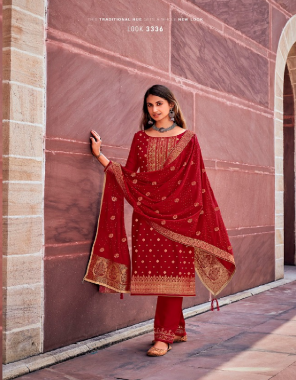 red top - pure dola silk with  fancy 3 mm embroidery work neck and heavy cotton mal inner | bottom - pure viscose shantoon shantoon with 3 mm embroidery work lace pant | dupatta - pure dola silk with 2 mm weaving sequance with four side lace border fabric embroidery work casual 