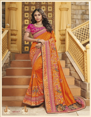 orange vichitra silk fabric embroidery work festive 