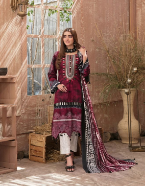 maroon top - pure cotton with embrodiery | bottom - cotton print | dupatta - cotton mal mal [ pakistani copy ] fabric embroidery work ethnic 