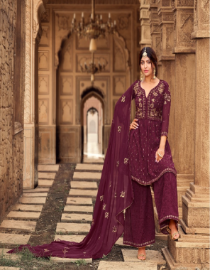 wine top koti - heavy georgette with full heavy front embroidery work | inner - heavy santoon | bottom - heavy georgette with full heavy embroidery work | dupatta - heavy faux georgette with 4 side ready made lace fabric embroidery work festive 
