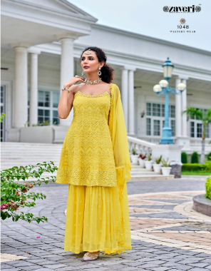 yellow top - pure viscose georgette with embroidery work front & back | inner - american crepe | plazo - pure viscose georgette | dupatta - heavy net fabric embroidery work casual 