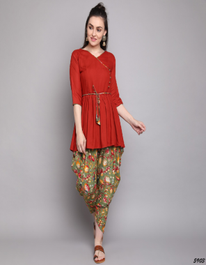 red rayon | top - 30 length | dhoti - 38 length | sleeve - 3/4 sleevs fabric printed work casual 