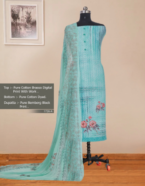 sky blue top - pure cotton brasso digital print with work | bottom - pure cotton dyed | dupatta - pure bemberg block print fabric printed work casual 