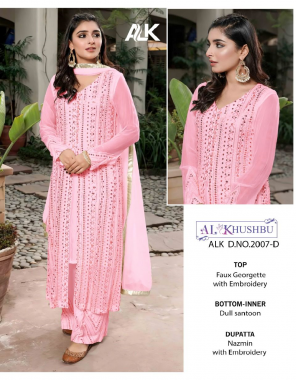 pink top - faux georgette with embroidery | bottom - inner - dull santoon | dupatta - nazmin with embroidery [ pakistani copy ] fabric heavy embroidery work festive 