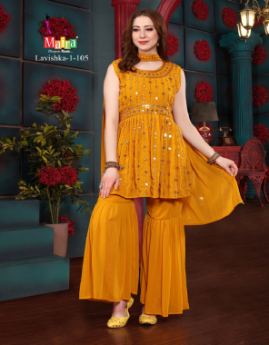 yellow top - heavy blooming & fox georgette with pure fancy sequance work | inner - heavy american crape | bottom - heavy blooming & fox georgette | dupatta - heavy blooming & georgette fox with fornt work  fabric embroidery work casual 
