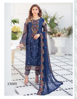 navy blue top - faux georgette with embroidery | inner / bottom - dull santoon  | dupatta - nazmin chiffon with embroidery [ pakistani copy ] fabric heavy embroidery work casual 