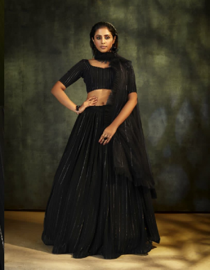 black blouse - real fox georgette | lehenga - real fox georgette with embroidery sequance work heavy quality can can ( 3.75 m flair ) | dupatta - real fox georgette ( cut 2.40 m) | size - blouse unstiched & lehenga semi stitched  fabric embroidery work casual 