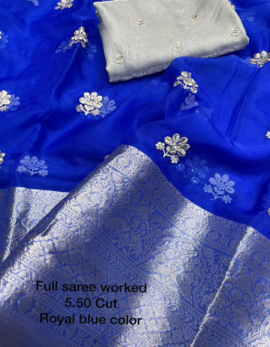 blue pure organza jacquard sequance flower silver zari butta [ 5.50 m ] | blouse - sequnace butti worked satin [ 0.90 m ] fabric sequance work festive 