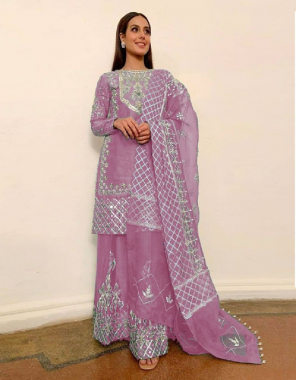purple top - organza with embroidery + sequance work + real mirror work | sleave - organza with embroidery + sequance work + real mirror work | dupatta - organza embroidery moti work and 4 side net grill | bottom - santoon + patch work | inner - santoon | length - 44 inch + | size - max 56 inch | type - semi stitch  [ pakistani copy ] fabric embroidery work festive 