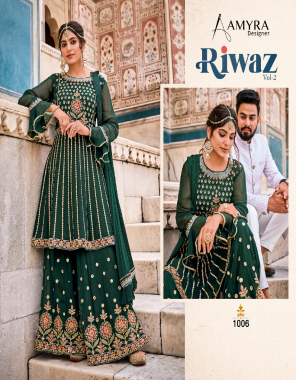 dark green top ( free size stitch ) - heavy real saudi georgette with heavy exclusive embroidery | dupatta - heavy chinon with embroidery lace & fancy fril in pallu | bottom ( garara & sarara stitch ) - heavy real saudi georgette with heavy embroidery inner dull santoon [ stitch up to 44 size ] fabric heavy embroidery work casual 