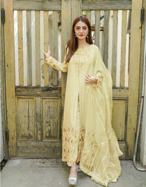 yellow top - faux georgette with cut work embroidery | inner / bottom - dull santoon | dupatta - nazmin chiffon with embroidery [ pakistani copy ] fabric embroidery work casual 
