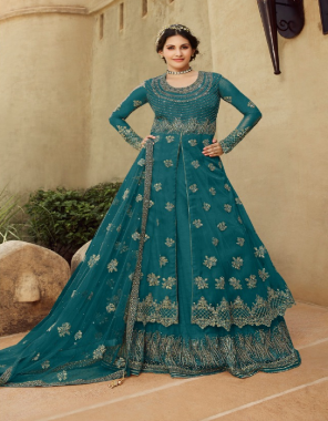 sky blue top - soft net + embroidery work | sleeves - soft net + embroidery work | inner - banglori ( attached with top ) | gharara - soft net with work ( with banglori attached ) | bottom - santun | dupatta - soft net + embroidery work + side lace border | size detail - top length - max up to 56 inch | top bust size - max up to 46 offinch ghaghara | length - max up to 44 inch | dupatta - 2.25 m [ master copy ] fabric embroidery work casual 