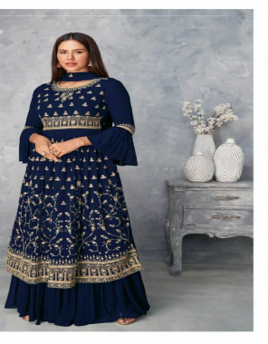 navy blue top - heavy faux georgette with embroidery cotton treders with badla work | sleeves - heavy faux georgette with embroidery cotton threads with badla work | bottom - heavy faux georgette with flitting unstitched | inner - heavy satin silk | top inner - heavy santin without joint top | bottom inner - heavy satin without stitching | dupatta - heavy faux georgette with embroidery cotton threads | length - max up to 57 | flair - max up to 2.22 [ master copy ] fabric embroidery work casual 