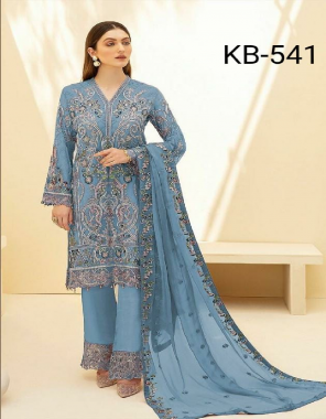 blue top & back heavy work - heavy georgette with embroidery work with hand matching moti work | sleeves  - heavy georgette with embroidery work with hand machine moti work | bottom work - heavy santoon silk with embroidery lace work patch |  dupatta work - heavy chiffon nazmin with heavy embroidery work dupatta | top length - max up to 45 [ master copy ] fabric embroidery work festive 