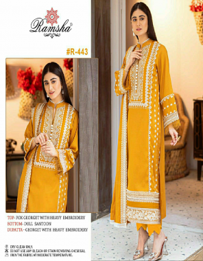 yellow top - fox georgette with heavy embroidery | bottom - dull santoon | dupatta - georgette with heavy embroidery [ pakistani copy ] fabric heavy embroidery work ethnic 