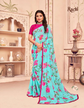 sky blue georgette saree & crepe blouse fabric printed work casual 