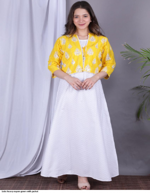 white & yellow heavy rayon fabric  jacket embroidery & sequins work work ethic 