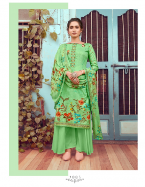 parrot green top 2.50m - pure cambric , | bottom 2.70m -  pure semi lawn cotton | duppata - pure bember fabric digital printed work running 