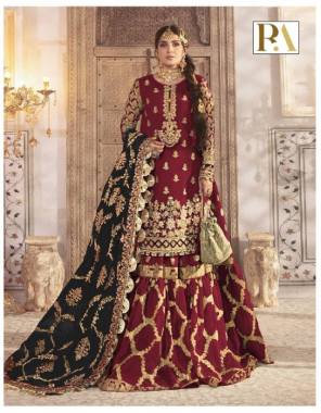 maroon top - organza heavy embroidery and hand work | botttom - heavy soft net embroidery | inner - santoon | dupatta - net heavy embroidered with fancy lace [ pakistani copy ] fabric embroidery work ethnic 