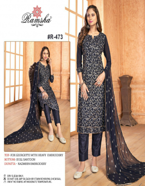 navy blue top - fox georgette with heavy embroidery | bottom - dull santoon | dupatta - nazmeen with embroidery [ pakistani copy ] fabric heavy embroidery work festive 