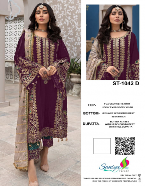 maroon top - fox georgette with heavy embroidery work | bottom - jacquard with embroidery with patch | dupatta - butterfly net with heavy embroidery with frill dupatta [ pakistani copy ] fabric heavy embroidery work festive 