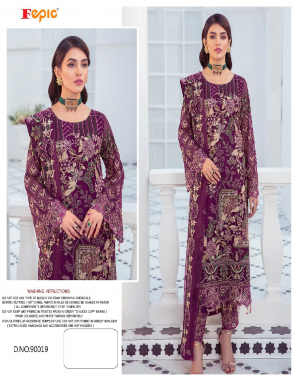 purple top - faux georgette heavy embroidered | dupatta - nazmeen embroidered | bottom - santoon with embroidered patch work | inner - santoon [ pakistani copy ] fabric heavy embroidery work party wear 