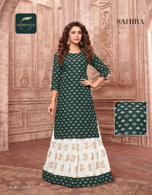 dark green rayon print designer printed kurti with heavy hand work & printed flared skirt | length - 45 fabric printed work casual 