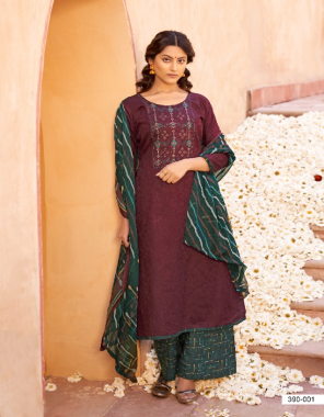 wine top - pure heavy jam jacquard cotton with heavy embroidery ( 2.50 m) | dupatta - pure nazneen chiffon (2.30 m) | bottom - pure soft cotton printed salwar ( 3 m approx) fabric embroidery  work festive 