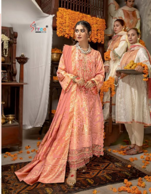 peach top - heavy jacquard with embroidery patches | bottom - dull santoon | dupatta - jacquard [ pakistani copy ] fabric embroidered work festive 
