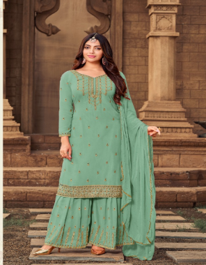 green top - heavy faux georgette with embroidery stitch work with diamonds stone work with santoon inner attached | inner - santoon | bottom - heavy faux georgette with full heavy embroidery work santoon | dupatta - heavy nazmin dupatta with swarovski diamonds work fabric heavy embroidery work festive 