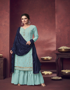 sky blue top - heavy fox georgette with embroidery work with inner attached | size - max up to 58 | length - max up to 44 | plzzo - heavy fox georgette with inner attached | size - max up to 46 | length - max up to 41 | inner - santoon | dupatta - heavy nazneen with embroidery sequance work with 4 side lace [ master copy ] fabric embroidery work casual 