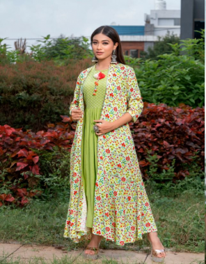 parrot green shrug - lonh with rayon full flair | kurta - rayon with shifley work fabric printed work casual 