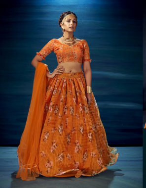 orange lehenga - heavy organza with digital print and crushed pattern with heavy quality can can ( 4.2m flair ) | dupatta - pure butterfly net ( cut 2.40 m) | blouse - heavy banglori with digital print | size- blouse unstitched & lehenga semi stitched fabric digital printed work casual 