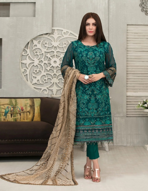 dark green top - heavy fox georgette with heavy embroidery work with seuqance | bottom - heavy santoon | inner - heavy santoon | dupatta - heavy butterfly net with heavy chain stitch work with seuqnace | size- max up to 58 | length - maz up to 44 [ master copy ] fabric heavy embroidery work casual 