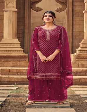 pink top - heavy faux georgette with embroidery stitch work with santoon inner attached | bottom - heavy butterfly net with full heavy embroidery work santoon attached | dupatta - heavy butterfly net with embroidery work & lace border fabric embroidery work festive 