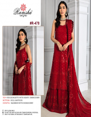 red top- fox georgette with heavy embroidery | bottom - dull santoon | dupatta - nazmeen with embroidery [ pakistani copy ] fabric heavy embroidery work casual 