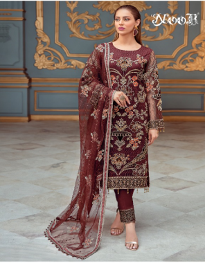 brown top - georgette with heavy embroidery | bottom / inner - dul shantun pitch | dupatta - nazmin with heavy embroidery [ pakistani copy ] fabric heavy embroidery work party wear 