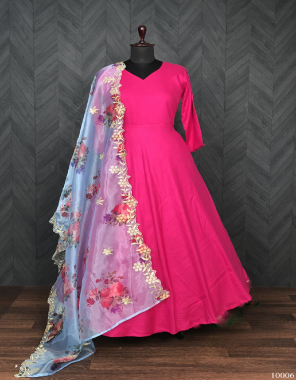 pink gown - heavy 14kg rayon |4.5  m umbrella flair | size- free size stitch 42 inch ( alter up to 44 inch ) | length - up to 56 inch | inner - cotton | dupatta - heavy organza with embroidery cutwork with rich digital print | dupatta length - 2.25 m fabric embroidery work party wear 